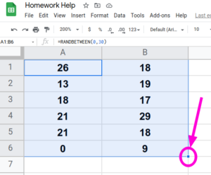 Google Sheets screenshot showing the magic box in the lower right corner of the selected cells