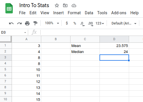 Screenshot of Google Sheets calculating mean and median