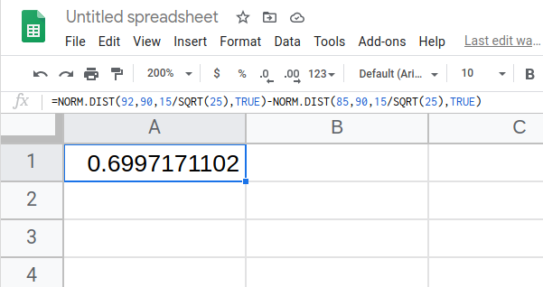 Google sheet showing formula "NORM.DIST(92,90,15/SQRT(25),TRUE)-NORM.DIST(85,90,15/SQRT(25),TRUE)" being entered into cell with the resut 0.6997171102.