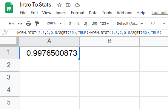 Google sheet showing formula being entered into cell. Result is 0.9977