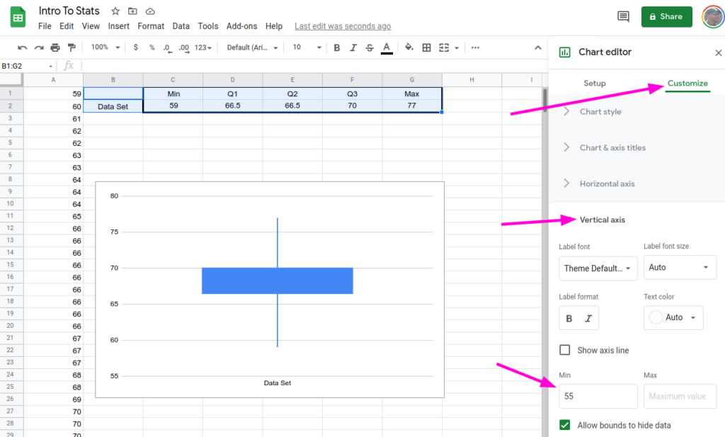 Screenshot of Google Sheets showing chart editor options