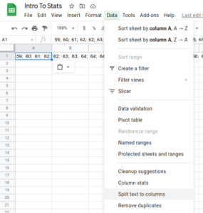 Google screenshot showing Data menu and selecting "Split Data to Columns" option