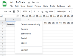 Google sheets screenshot selecting the correct separator between data so the spreadsheet knows how to split the data into columns.