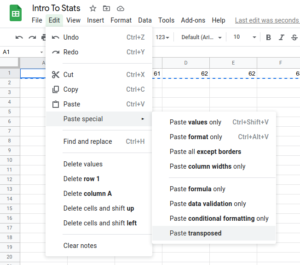 Screenshot of Google Sheets showing how to find the "Transpose" option under the Edit - Paste Special menu