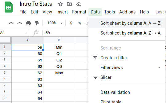 Google Sheets screenshot showing Data menu, Sort Sheet by Column A option